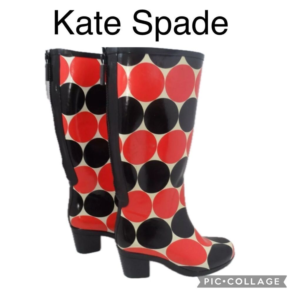 (F2) Kate Spade Rubber Women's Tall Rain Boots,Back,Red,Zip Closure, Size 5